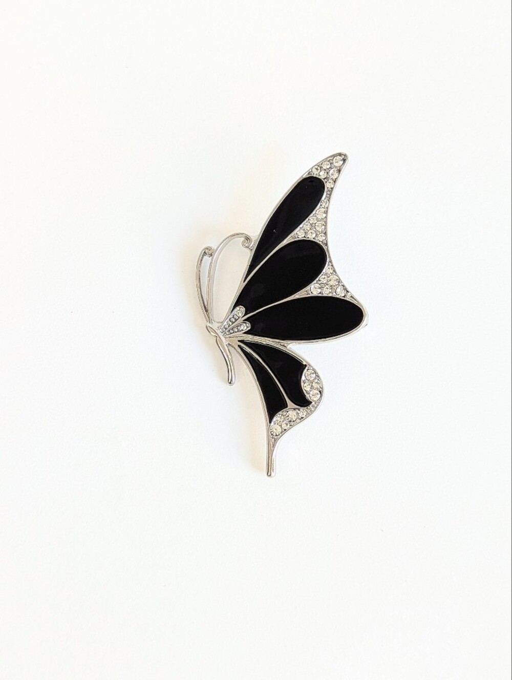 Vintage Black Enamel Butterfly Brooch Silver Tone Clear Rhinestone Statement Pin